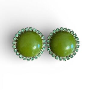 Vintage Green Dome Clip‎ On Earrings Rhinestone Embellished Statement